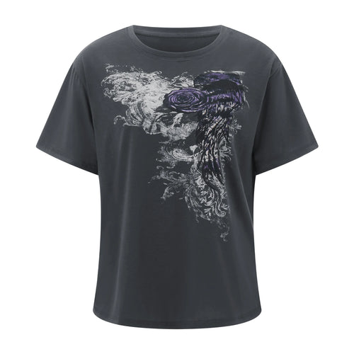 Women s Loose Gothic Tops Retro Graphic Print Short Sleeve Round-Neck Grunge Shirts for Summer Spring