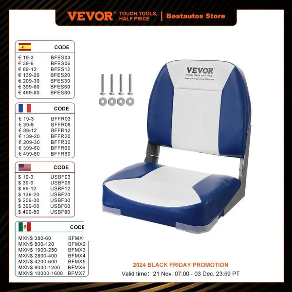 VEVOR Boat Seat 18.9" Low Back Boat SeatFolding Boat Chair with Thickened Sponge Padding and Hinge Fold-Down Boat Captain Chair