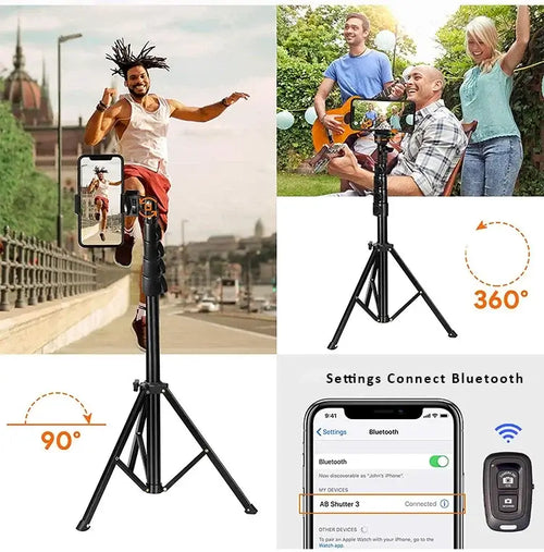WEFOR Phone Tripod with remote, showcasing adjustable heights, 360-degree rotation, and Bluetooth connectivity for selfies.