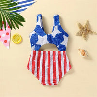 Youthful Girl s Patriotic  Swimsuit Sleeveless V Neck Cutout Beach Pool Swimwear Romper for 4th of July Celebrations