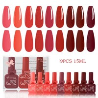 JR 9pcs 15ml gel nail polish set Including Red Pink Nude Gel Polish Kit UV LED Soak Off Polish Home DIY top coat base coat gifts