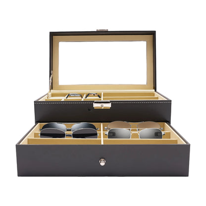 Leather 6 Watch Box Jewelry Case 9 Piece Eyeglasses Storage Sunglass Glasses Display Drawer Lockable Case Organizer Black