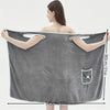 Wearable gray bath towel with bowknot, showing water absorption and quick drying features; perfect for adults.