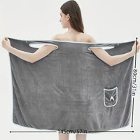 Wearable gray bath towel with bowknot, showing water absorption and quick drying features; perfect for adults.