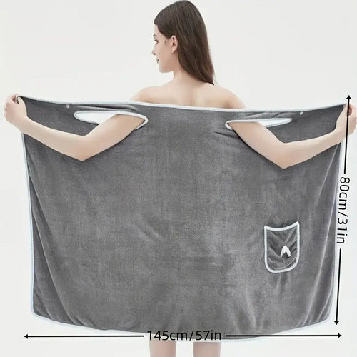 Wearable gray bath towel with bowknot, showing water absorption and quick drying features; perfect for adults.