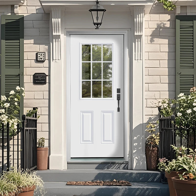 36"x80" White Fiberglass Entry Door with Brickmould, Left-Hand Inswing Low-E Glass Knock-Down Door