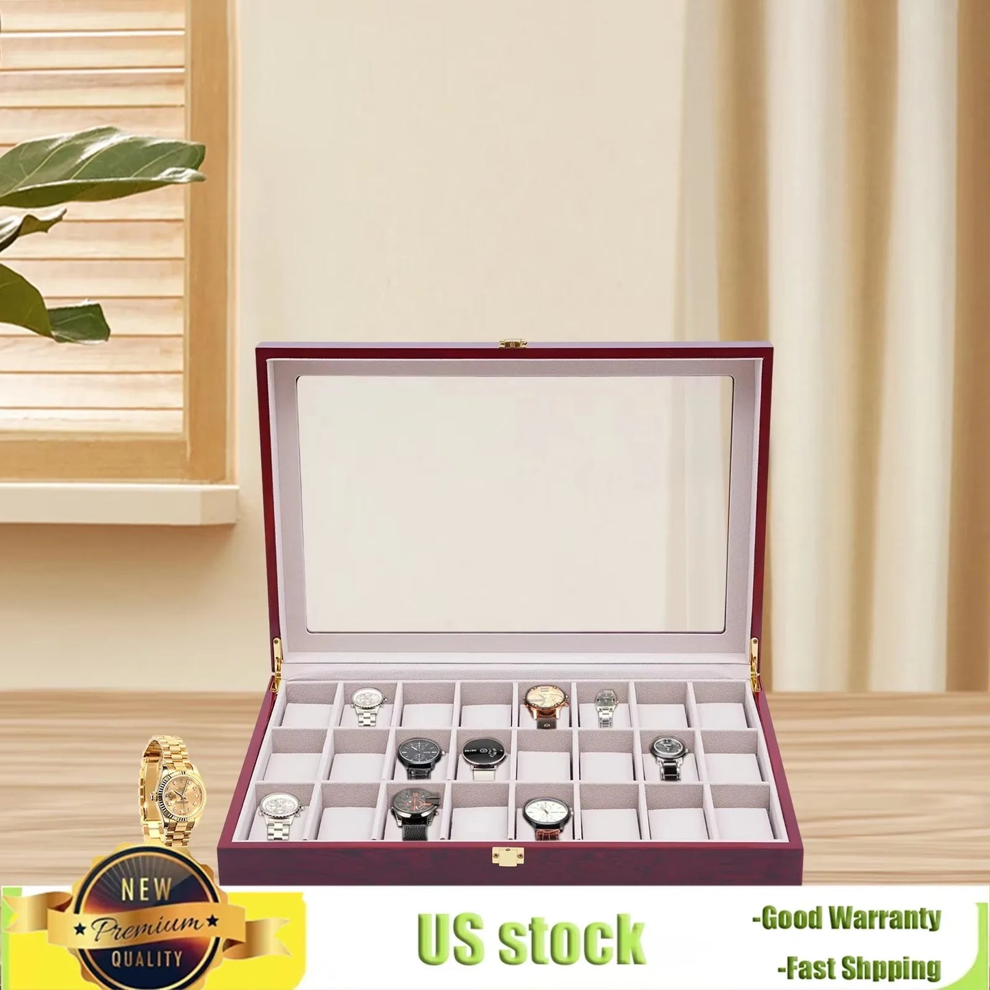 Bymaocar 24 Slots Vintage Wooden Watch Ring Box Bracelet Display Case Organizer with Glass Top and Locking Clasp for Men & Women