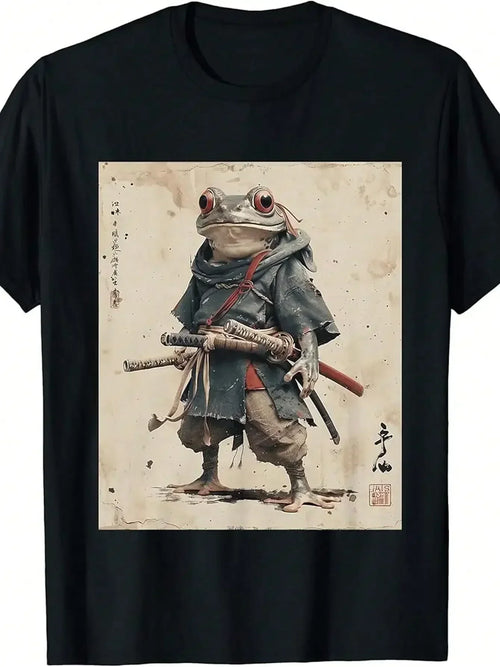 Vintage Samurai Frog Warrior T Shirt 100% Cotton Japanese Ukiyo e Art Round Neck Short Sleeve Machine Washable US Aesthetic