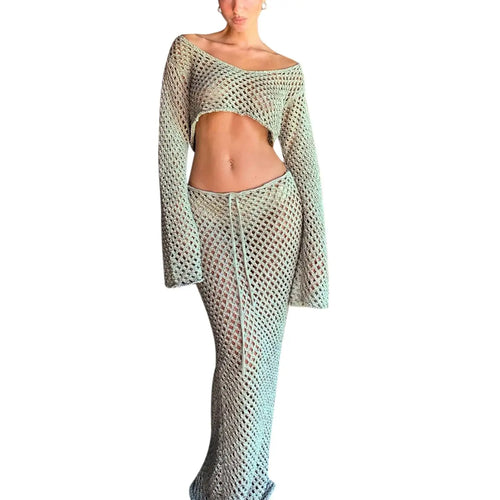 Women s Boho Style Crochet Bikini Cover Up Set Off Shoulder Knit Crop Top with Matching Long Skirt for Beachwear and Pool