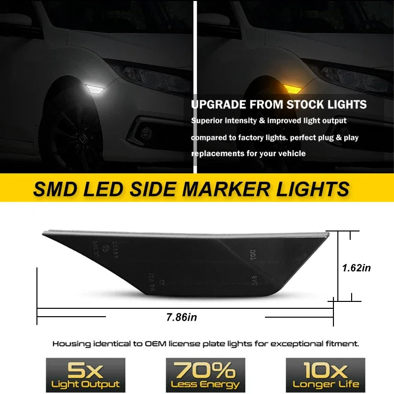 2Pcs For 10th Gen Honda Civic MK10 2016-2021 LED Amber Side Marker Indicator Repeater Light Turn Signal Lamp Blinkers White DRL