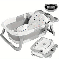 Folding Baby Bath Tub with Temperature Gauge and Cushion for 0-36 Months, Portable and Lightweight for Outdoor Bathing
