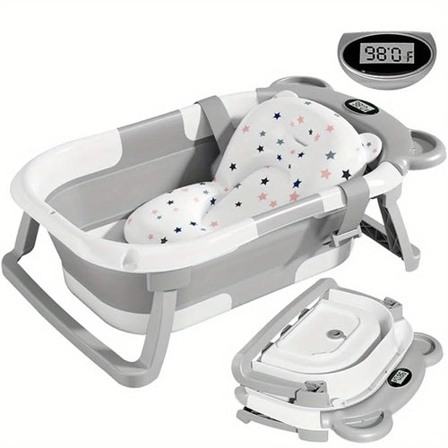 Folding Baby Bath Tub with Temperature Gauge and Cushion for 0-36 Months, Portable and Lightweight for Outdoor Bathing