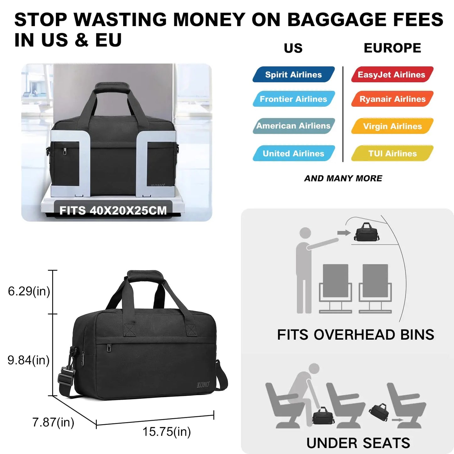 Kono Cabin Bag 40x20x25 for Ryanair Underseat Carry On Hand Luggage Bag Travel Duffel 20L