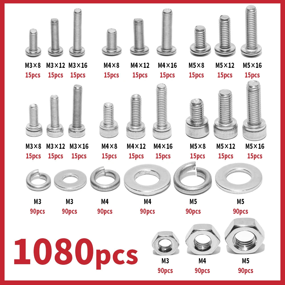 1080PCS Nuts and Bolts Assortment Kit - M3 M4 M5 M6 Screw Set - Button Head & Socket Head Metric Screws - 304 Stainless Steel