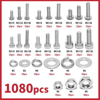 1080PCS Nuts and Bolts Assortment Kit - M3 M4 M5 M6 Screw Set - Button Head & Socket Head Metric Screws - 304 Stainless Steel