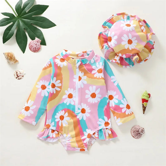 Toddler Boy  Rash Guard Swimsuit Short Sleeve High Neck Zipper Beach Pool Bodysuit Swimwear Cap