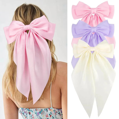 Hair Bows for Women Girls 3Pcs White Pink Black Silky Satin Large Bows Hair Clip Oversized Hair Ribbons Long Tail Big Hair Bows
