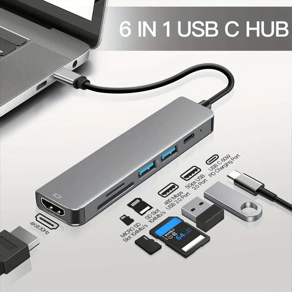 6 in 1 USB C Hub Multiport Adapter 6-in-1 with 4K@30Hz HDTV 100W Power Delivery USB 3.0 Data TF/SD Card Reader Laptop Hub Dock