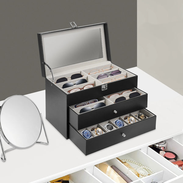 Glasses and Watch Organizer Box, Black Faux Leather 12-Watch Box and 12-Glasses Storage Jewelry Case with Drawer and Lock