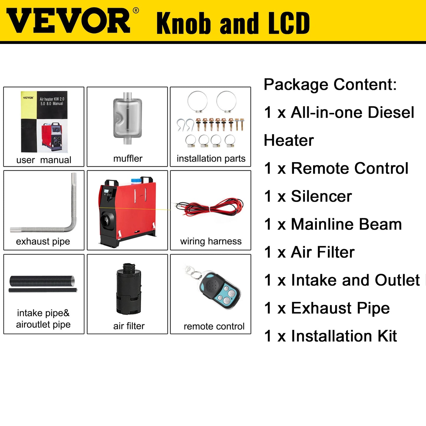 VEVOR 8KW 12V Car Heater Diesel Air Heater All in One with Silencer for Car Bus Trailer RV Various Diesel Vehicle Parking Heater
