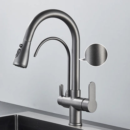Quyanre Matte Black Filtered Crane For Kitchen Pull Out Spray 360 Rotation Water Filter Tap Three Ways Sink Mixer Kitchen Faucet