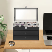 Glasses and Watch Organizer Box, Black Faux Leather 12-Watch Box and 12-Glasses Storage Jewelry Case with Drawer and Lock