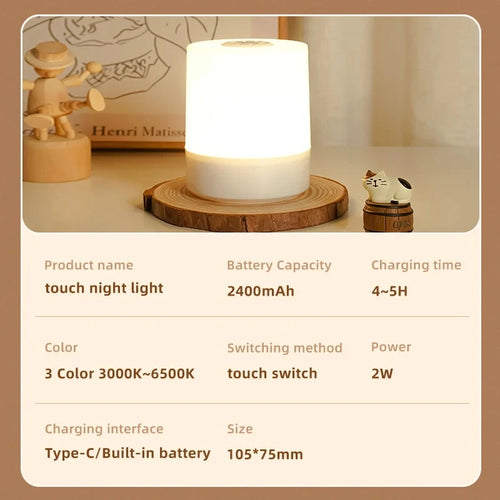 Touch Night Lamp 3 Modes Dimming Bedroom Bedside Lamp USB Charging Night Light Ambient Light Soft Light Table Lamp For Kids Gift