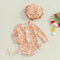 Lioraitiin Summer Toddler Baby Girl Swimsuit Flower Set Long Sleeve Front Zipper Swimsuit + Bow Swimming Cap Bathing Suit Wear