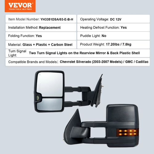 VEVOR Pair Towing Mirrors Power Heated with Signal LED Driving Light Tow Mirror for Chevrolet Silverado (2003-2021)/GMC/Cadillac