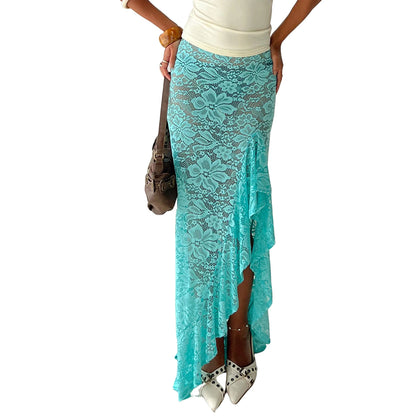 Elegant Women s Lace Maxi Skirt with High Waist and Ruffled Hemline Stylish Bodycon Fit for Summer Fashion Trend