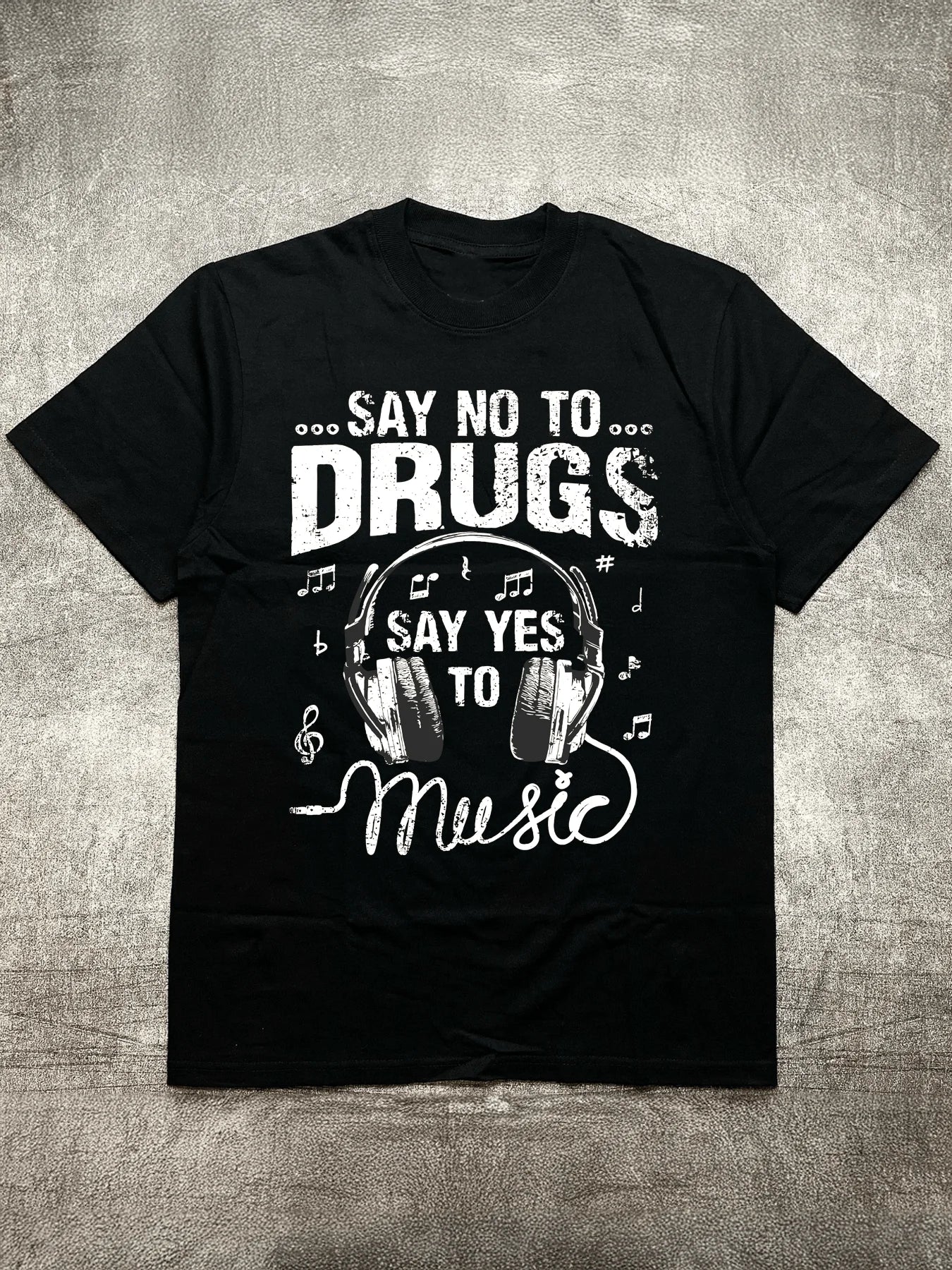Men's Heat Transfer Print Cotton Round Neck Short Sleeve T-Shirt - Music Theme Design, Black 200g