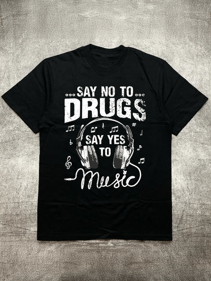 Men's Heat Transfer Print Cotton Round Neck Short Sleeve T-Shirt - Music Theme Design, Black 200g