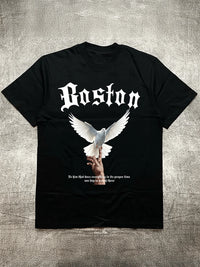Men's Black 200g Cotton T - Shirt - Boston White Pigeon Peace Theme Heat Transfer Print Round Neck Short Sleeve