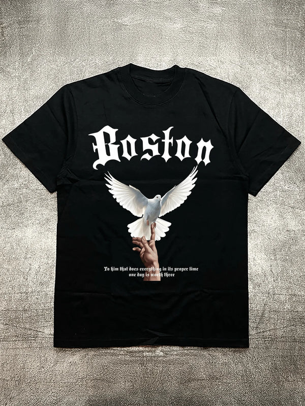 Men's Black 200g Cotton T - Shirt - Boston White Pigeon Peace Theme Heat Transfer Print Round Neck Short Sleeve