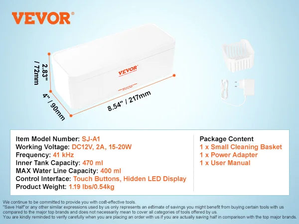 VEVOR 200/450/650ml Portable Ultrasonic Cleaner Machine with 4 Timer Modes Cleaning Basket for Eyeglasses Watches Dentures Rings