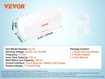 VEVOR 200/450/650ml Portable Ultrasonic Cleaner Machine with 4 Timer Modes Cleaning Basket for Eyeglasses Watches Dentures Rings