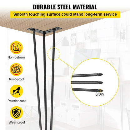 VEVOR 4Pcs Metal Table Legs 16-40 Inch 3-Rod Hairpin Furniture Legs DIY Home Bench Dining Desk End Coffee Table Feet Accessories