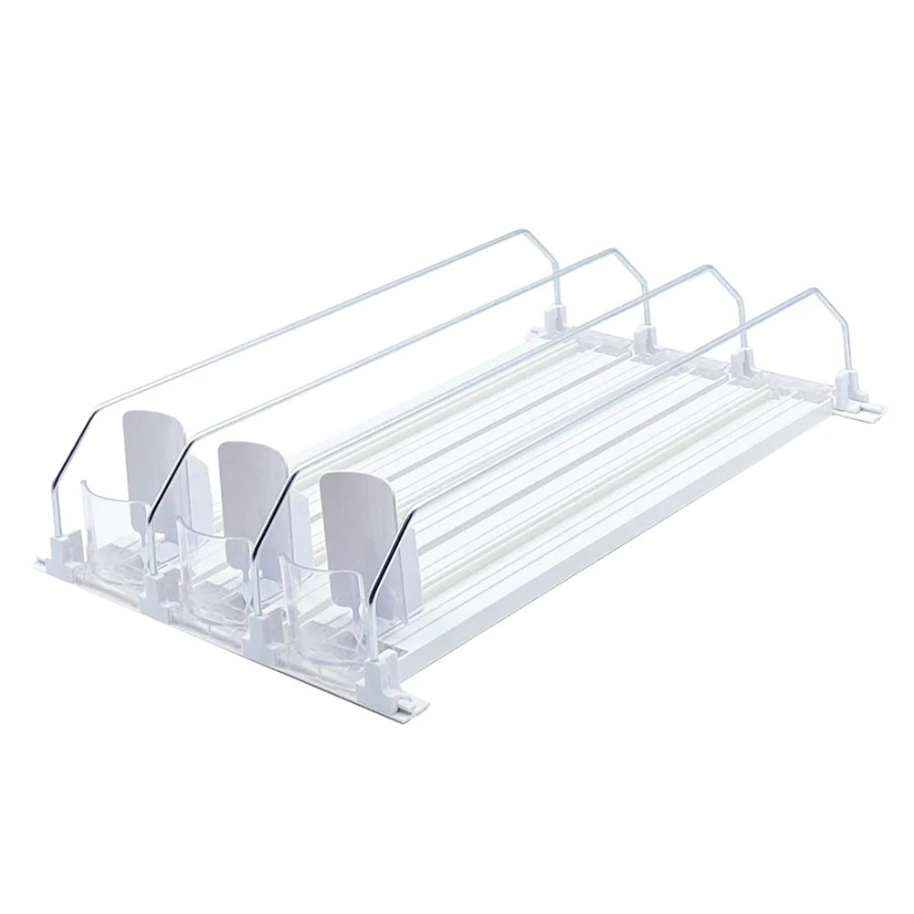 Drink Organizer Dispenser Spring Push Can Shelf Pusher Adjustable Width Soda Can Bottle Pusher E-shaped Glide for Kitchen Fridge