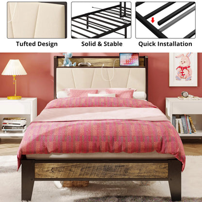 LIKIMIO Twin XL/Full/Queen/CaliforniaKing Bed Frames, Storage Headboard with Charging Station, No Box Spring Needed