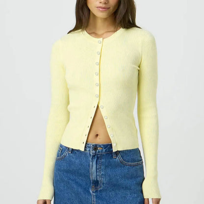 Ribbed Knit Cardigan T-shirt Long Sleeve Women Slim Fit O-neck Crop Top Button Korean Chic Women Clothing Sweater Streetwear New