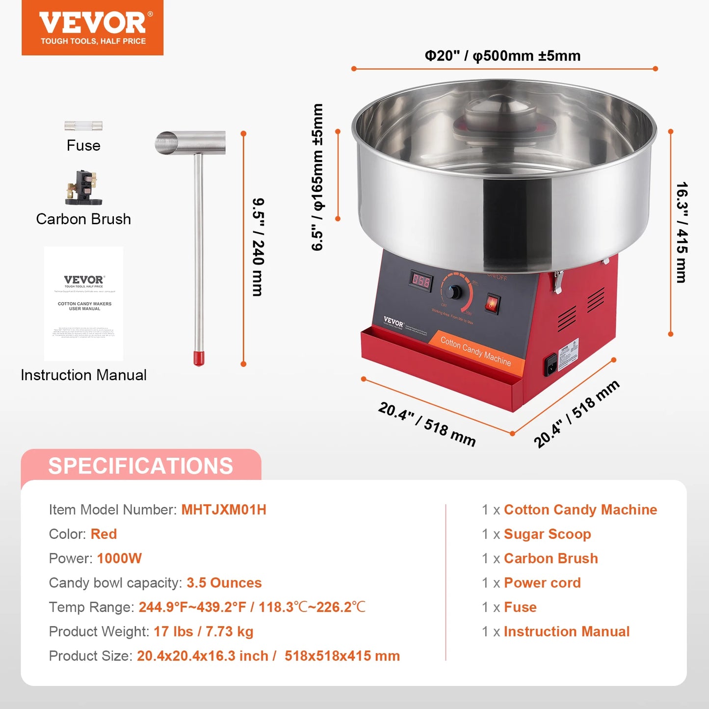 VEVOR Electric Cotton Candy Machine Candy Floss Maker Commercial Cotton Candy Machine with Stainless Steel Bowl and Sugar Scoop