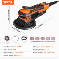 VEVOR Random Orbital Sander 350W Brushless 10000 PRM 6 Variable Speed Electric Orbital Sander for Woodworking Detailing Sanding