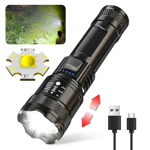 High Strong Power Led Flashlights 2000LM Tactical Torch with Display Light USB Charging Camping Fishing Emergency Zoom Lantern