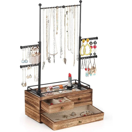 Jewelry Organizer - 2 Layer Wooden Jewelry Drawer Storage Box with 6 Tier Jewelry Tree Stand