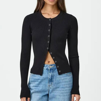 Ribbed Knit Cardigan T-shirt Long Sleeve Women Slim Fit O-neck Crop Top Button Korean Chic Women Clothing Sweater Streetwear New