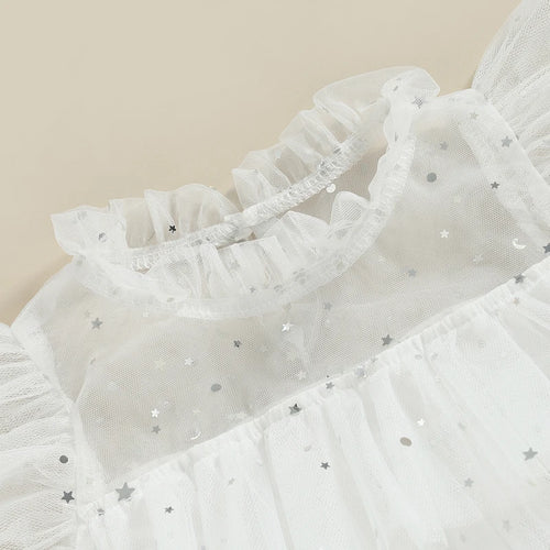 2023-02-20 Lioraitiin 0-4Years Toddler Kids Girls Dress Stars Moon Sequins Fly Sleeve Princess Dress Ruffles Tulle Dress