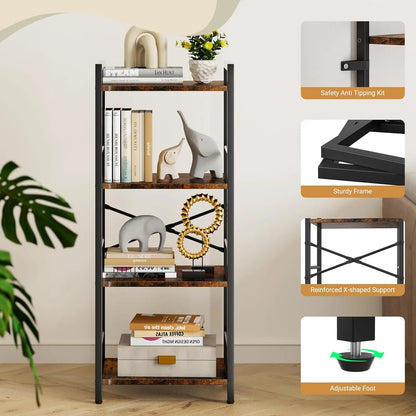 4-Tier Bookshelf, Tall Bookcase with 4 Open Shelves, Metal and Wood Office Book Shelf Bookcase, Standing Storage Organizer Shelf