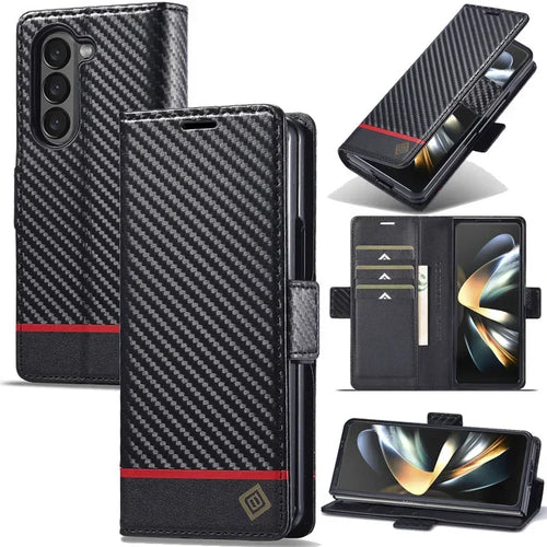 PU Carbon Fiber Leather Wallet Phone Case For Samsung Galaxy Z Fold 6 5 4 3 Magnetic Flip Book Holder Cover For Galaxy Z Fold6