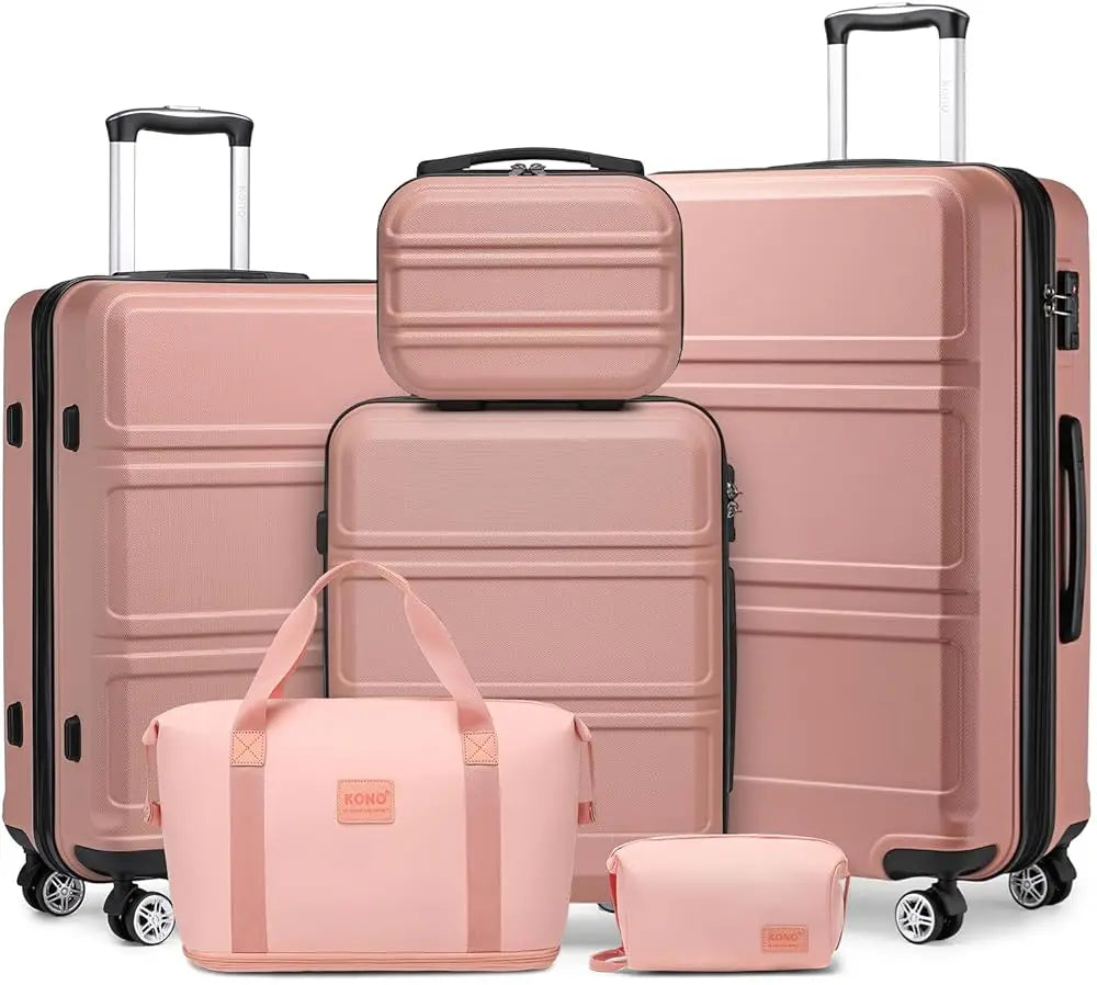 Kono 6-Piece Luggage Set, Lightweight ABS Hard Shell with TSA Lock, 20" 24" 28" Suitcases, Beauty Case, Duffel & Toiletry