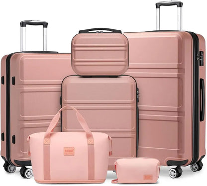 Kono 6-Piece Luggage Set, Lightweight ABS Hard Shell with TSA Lock, 20" 24" 28" Suitcases, Beauty Case, Duffel & Toiletry